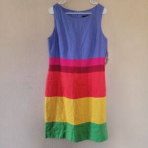John Roberts 100% Linen Dress Size 14 Raibow Colorful Coloblock Lightweight Vtg